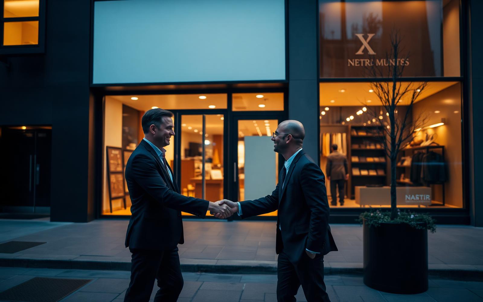 Business partners shaking hands in front of a modern retail storefront at dusk