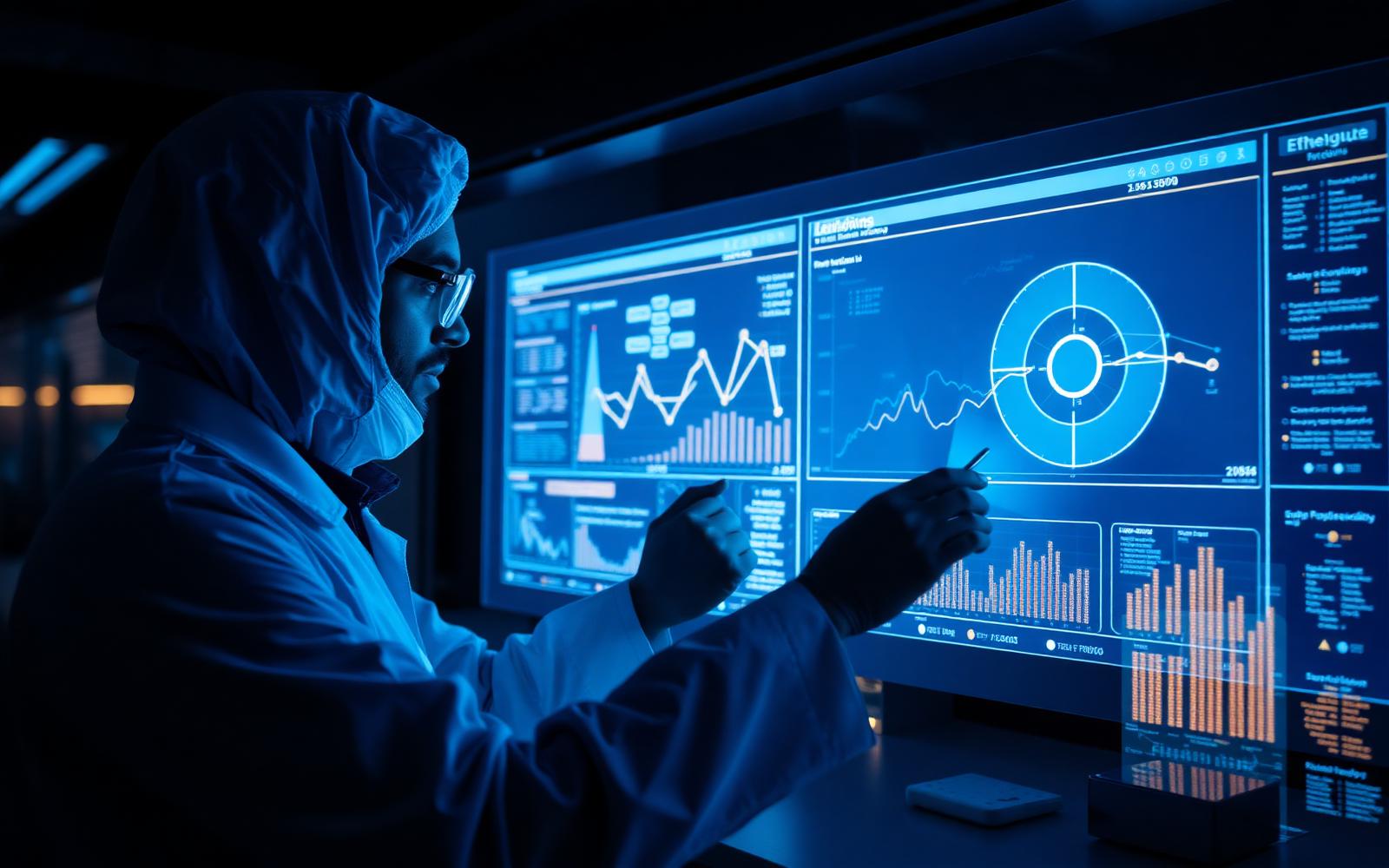 Researcher reviewing venture analytics in a laboratory