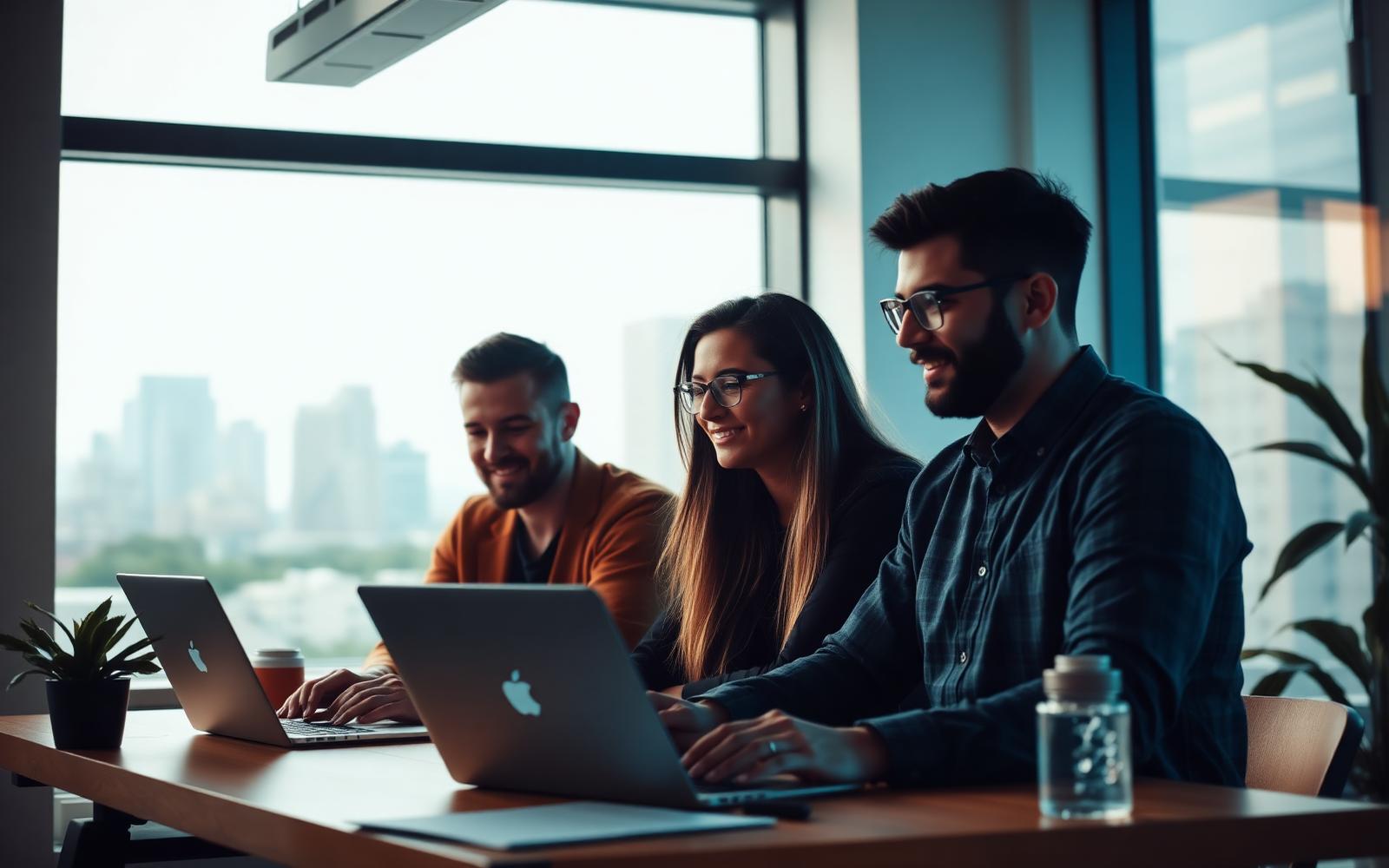 Young founders of a local technology startup working together in a bright co-working space