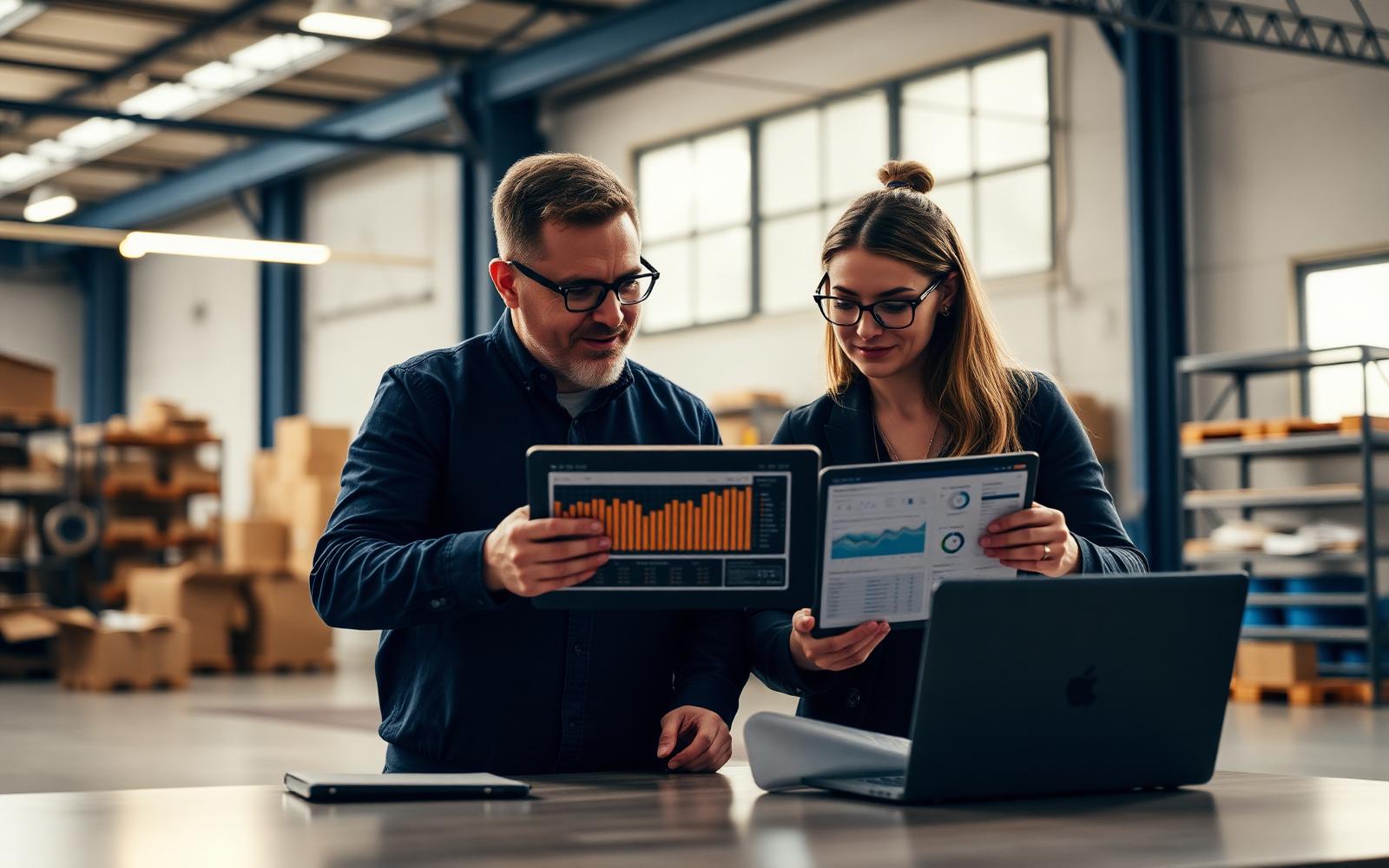 Business owners reviewing financial dashboards inside a modern warehouse office