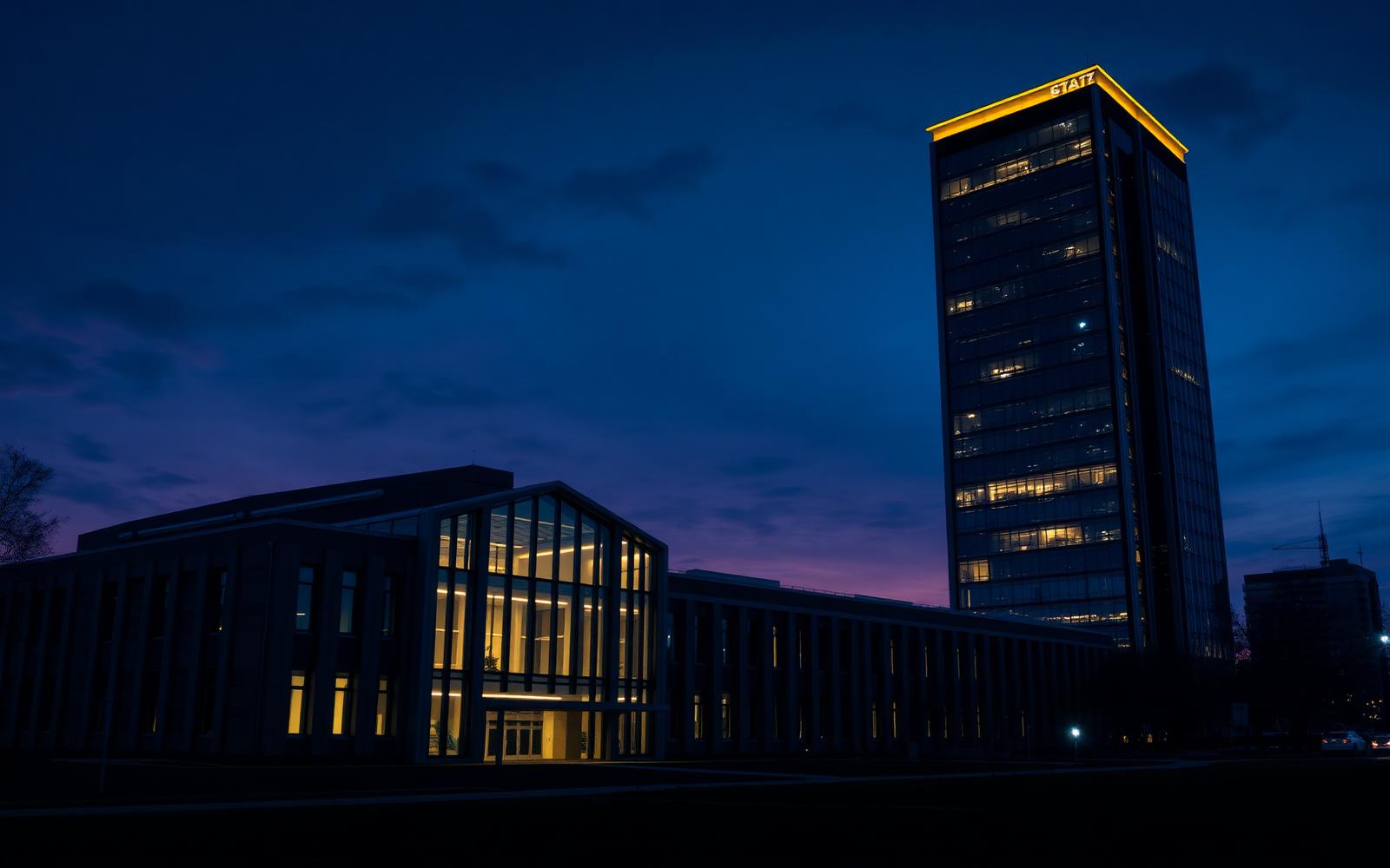University research building linked to a commercial tower at dusk