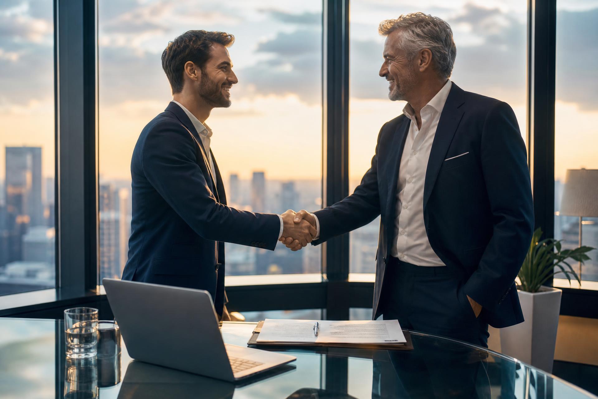 Founder shaking hands with an investor after closing a deal in a modern corner office